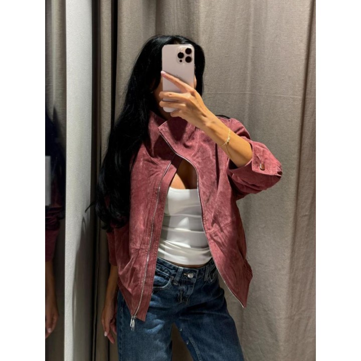 Women Stand Collar Leather Pilot Jacket Red Zipper Cropped Long Sleeve Coat Casual Fa