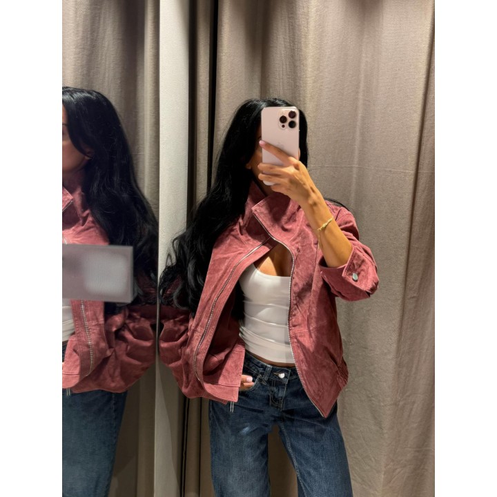 Women Stand Collar Leather Pilot Jacket Red Zipper Cropped Long Sleeve Coat Casual Fa