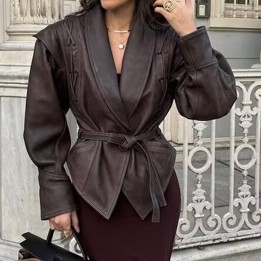 Leather Jackets Womens With Belt Fur Coat Streetwear Fashion Solid Outwear Woman Ele