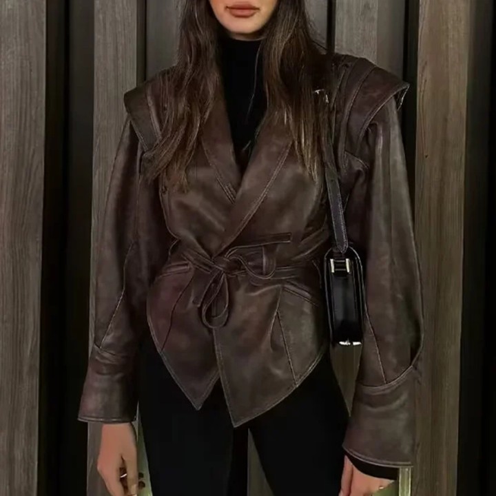 Leather Jackets Womens With Belt Fur Coat Streetwear Fashion Solid Outwear Woman Ele