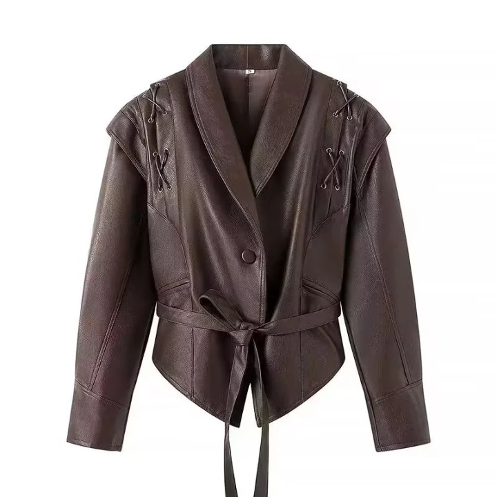 Leather Jackets Womens With Belt Fur Coat Streetwear Fashion Solid Outwear Woman Ele