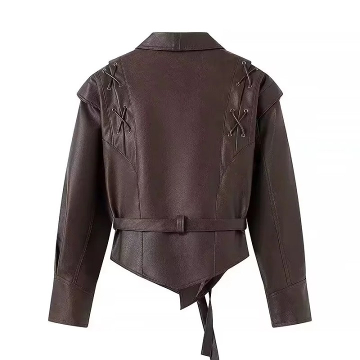Leather Jackets Womens With Belt Fur Coat Streetwear Fashion Solid Outwear Woman Ele