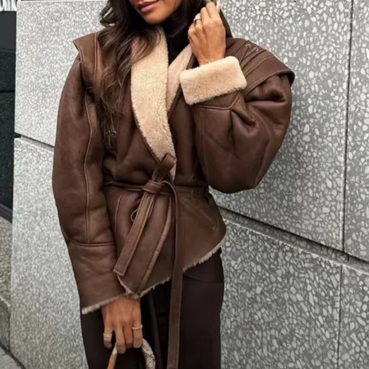 Leather Jackets Womens With Belt Fur Coat Streetwear Fashion Solid Outwear Woman Ele