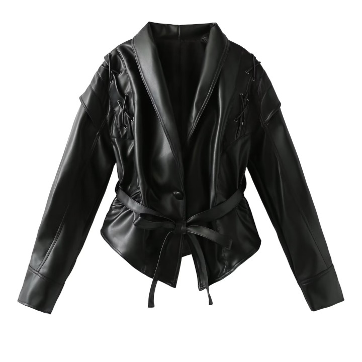 Leather Jackets Womens With Belt Fur Coat Streetwear Fashion Solid Outwear Woman Ele