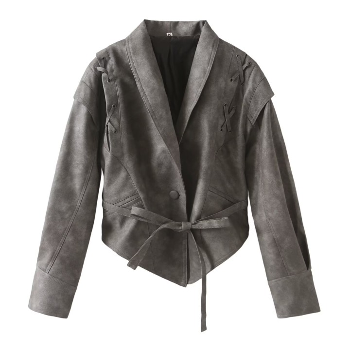 Leather Jackets Womens With Belt Fur Coat Streetwear Fashion Solid Outwear Woman Ele