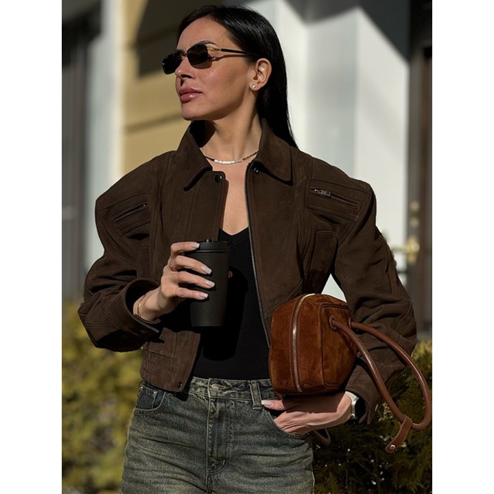 Women Fashion Brown Suede Leather Short Jacket Oversized Zipper Long Sleeve Pockets B