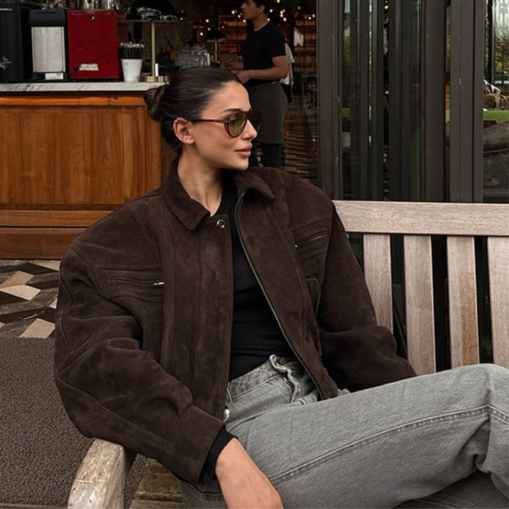 Women Fashion Brown Suede Leather Short Jacket Oversized Zipper Long Sleeve Pockets B