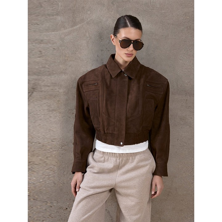 Women Fashion Brown Suede Leather Short Jacket Oversized Zipper Long Sleeve Pockets B