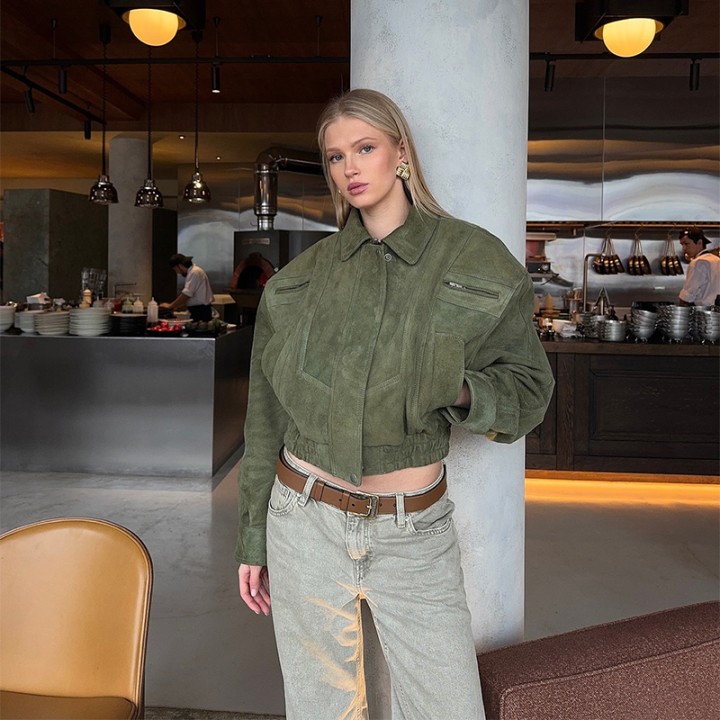 Women Fashion Brown Suede Leather Short Jacket Oversized Zipper Long Sleeve Pockets B