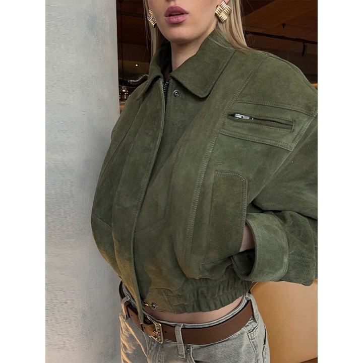 Women Fashion Brown Suede Leather Short Jacket Oversized Zipper Long Sleeve Pockets B