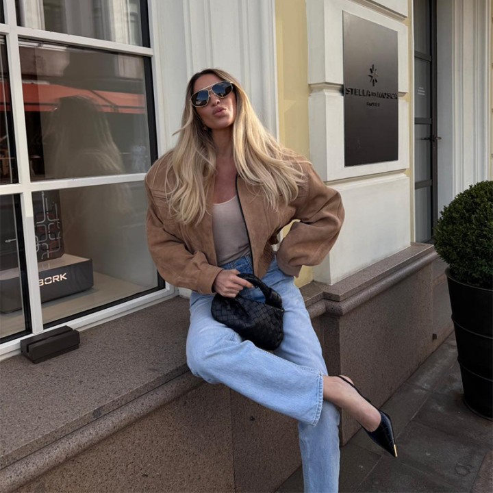 Women Fashion Brown Suede Leather Short Jacket Oversized Zipper Long Sleeve Pockets B