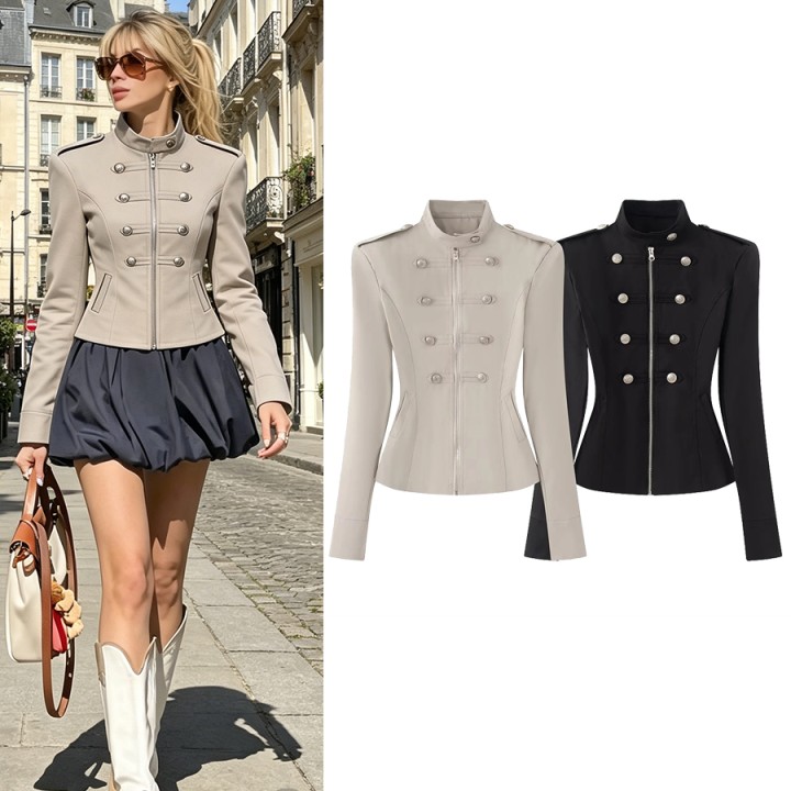 Women Fall Clothes For Women Napoleon Jacket Coat Double Row Buttons Cinched Short   