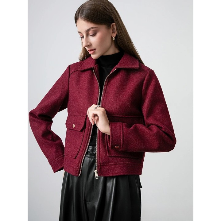 Kondala Red Bordeaux Loose Jakcets Women Zipper Pockets Short Coats Fashion 2025 Autm