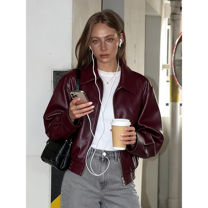 Weird Puss Pu Crop Jacket Women Fall Wild Trend Gothic Punk Elegant Waist Zip Full Sl