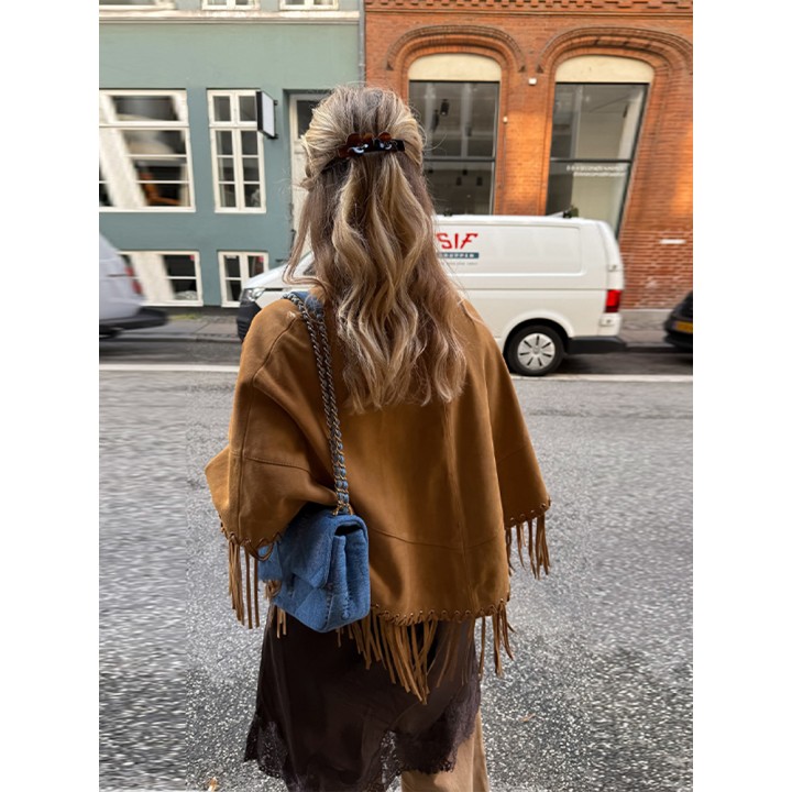 Autumn Brown Tassel Suede Cape Jackets Fashion Lapel Patchwork Loose Short Coat Chic 