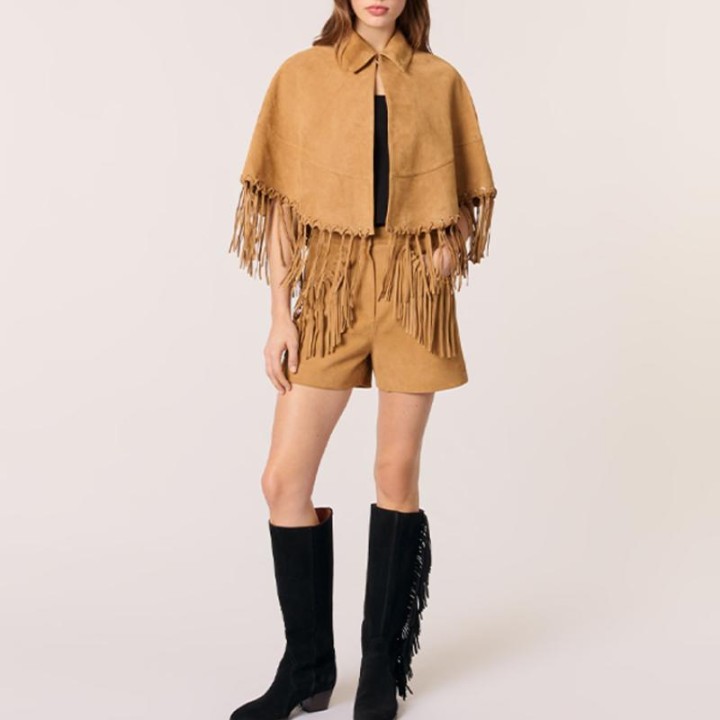 Autumn Brown Tassel Suede Cape Jackets Fashion Lapel Patchwork Loose Short Coat Chic 