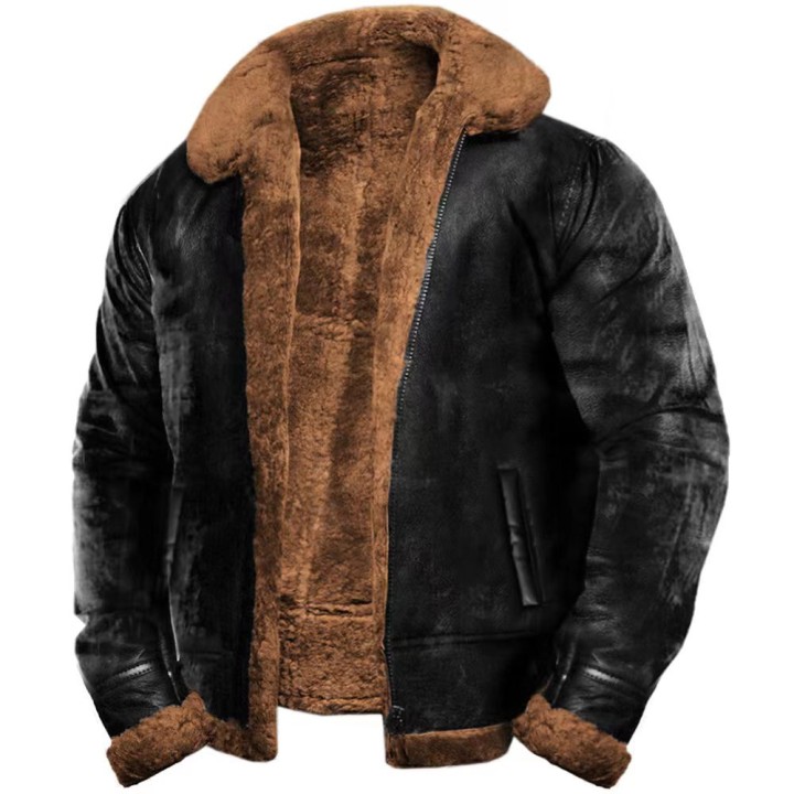 Vintage Mens Faux Fur Coat Fur Collar Heavyweight Winter Faux Fur Leather Jacket Nor