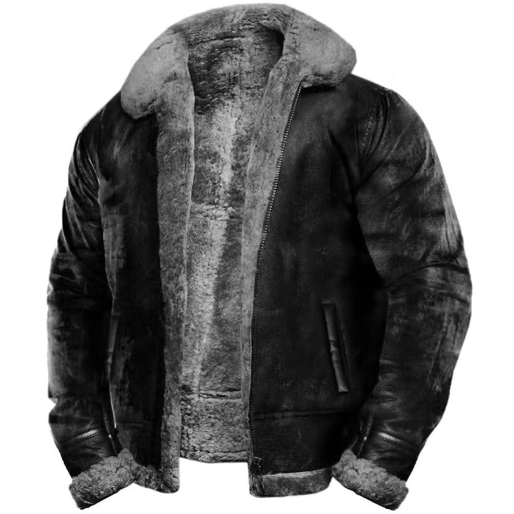 Vintage Mens Faux Fur Coat Fur Collar Heavyweight Winter Faux Fur Leather Jacket Nor