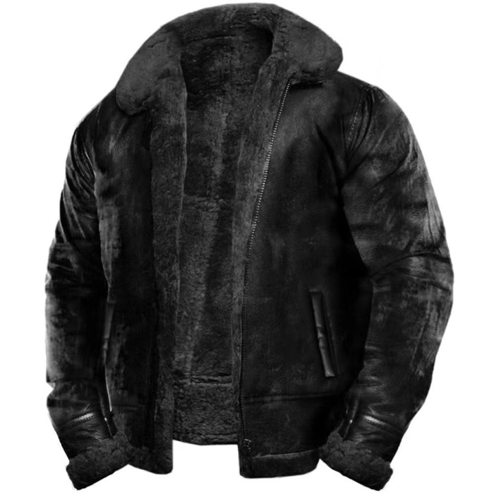 Vintage Mens Faux Fur Coat Fur Collar Heavyweight Winter Faux Fur Leather Jacket Nor