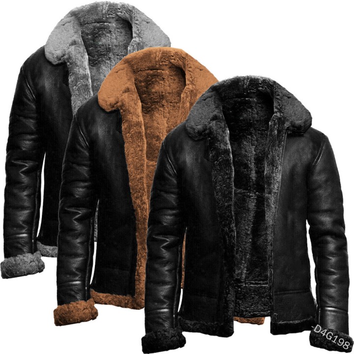 Vintage Mens Faux Fur Coat Fur Collar Heavyweight Winter Faux Fur Leather Jacket Nor