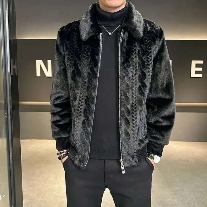 Mens Faux Leather Jacket Men Plush Thick Coat  Style Faux Leather Jacket Men Fur Coa