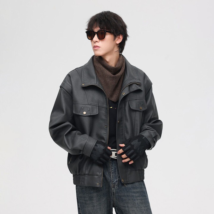 Retro High Quality Locomotive Leather Jacket Mens  Pu Leather Thickened Short Highen
