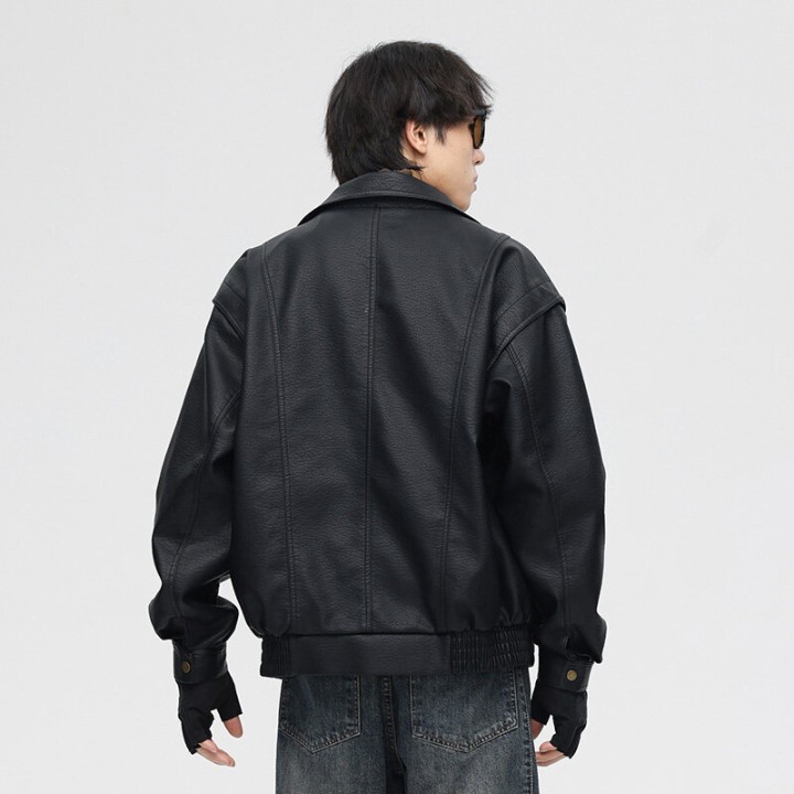 Retro High Quality Locomotive Leather Jacket Mens  Pu Leather Thickened Short Highen