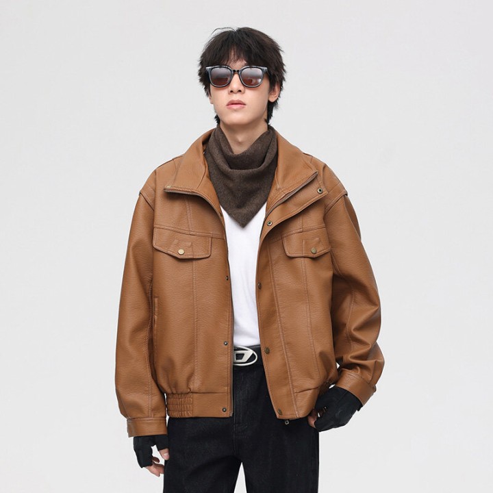 Retro High Quality Locomotive Leather Jacket Mens  Pu Leather Thickened Short Highen