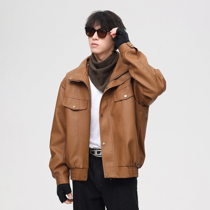 Retro High Quality Locomotive Leather Jacket Mens  Pu Leather Thickened Short Highen