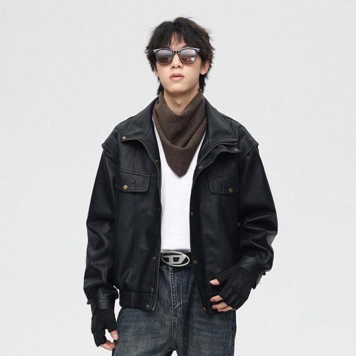 Retro High Quality Locomotive Leather Jacket Mens  Pu Leather Thickened Short Highen