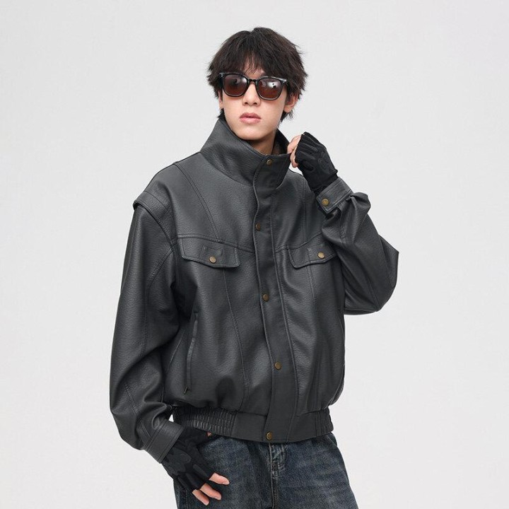 Retro High Quality Locomotive Leather Jacket Mens  Pu Leather Thickened Short Highen