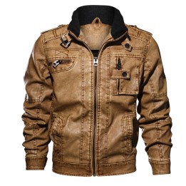 Mens Pu Leather Jacket Autumn Winter Casual Slim Coat Multipocket Tactical Bomber Mo