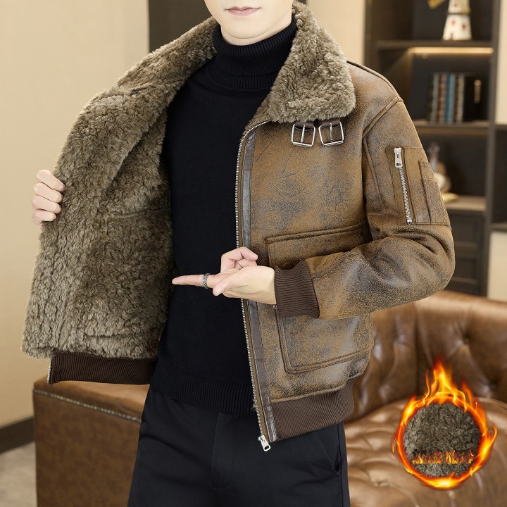2025 Winter Fur Integrated Leather Jacket Men Thick Velvet Imitation Fur Leather Coat