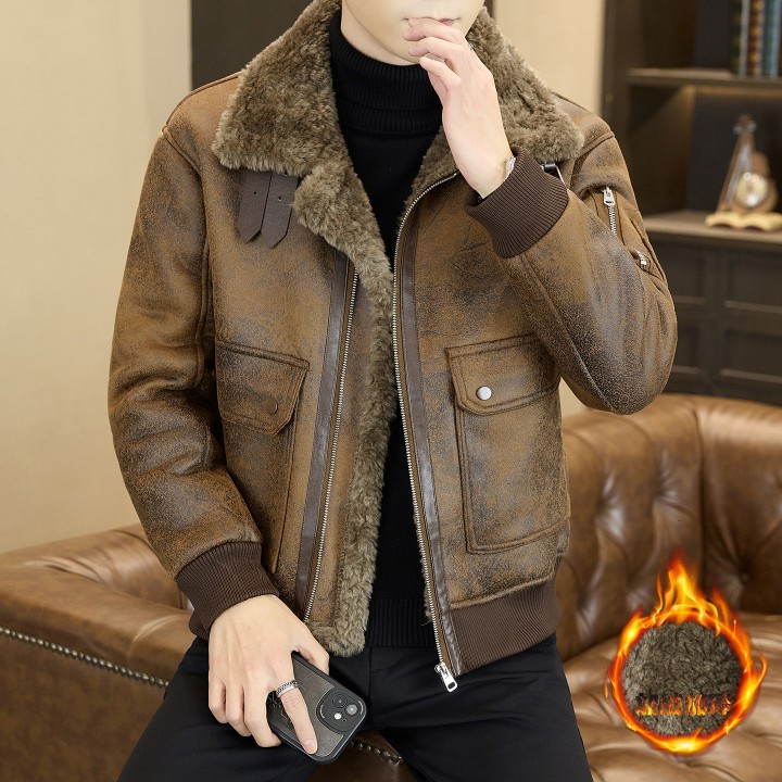 2025 Winter Fur Integrated Leather Jacket Men Thick Velvet Imitation Fur Leather Coat