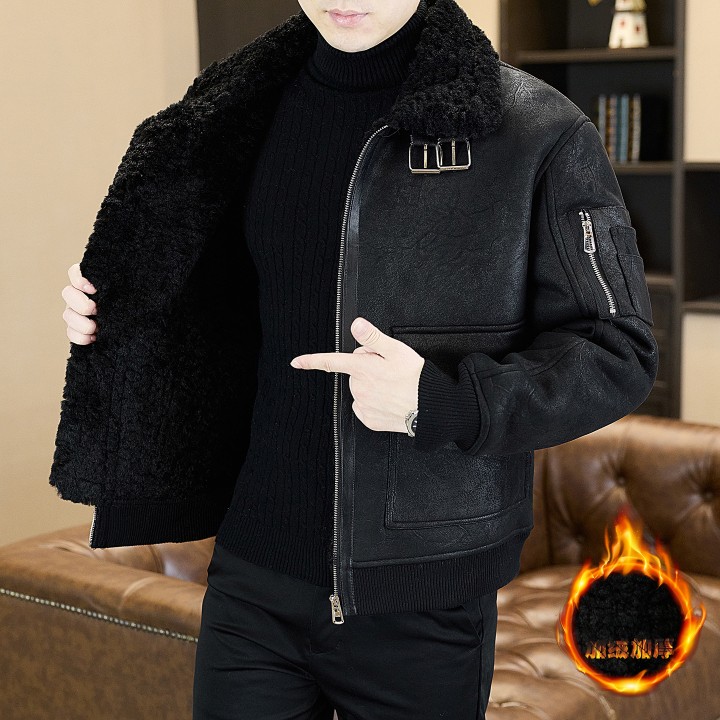 2025 Winter Fur Integrated Leather Jacket Men Thick Velvet Imitation Fur Leather Coat