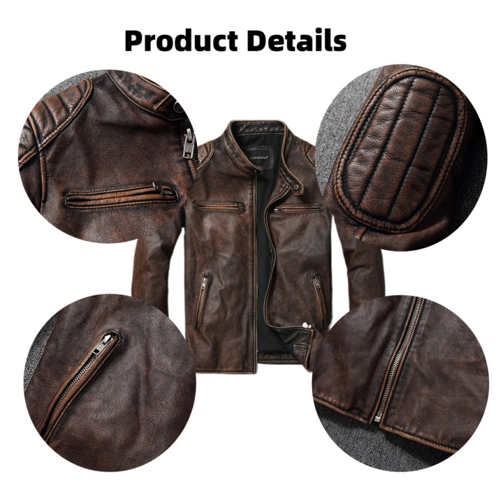 Italian Oil Wax Vegetable Tanned Bark Pattern Sheepskin Genuine Leather Jacket Mens 