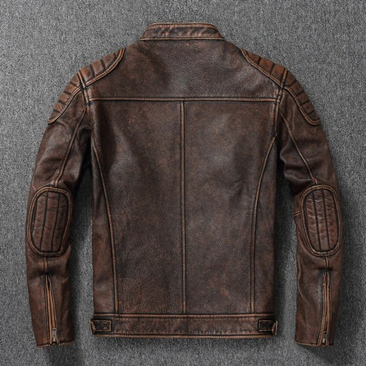 Italian Oil Wax Vegetable Tanned Bark Pattern Sheepskin Genuine Leather Jacket Mens 