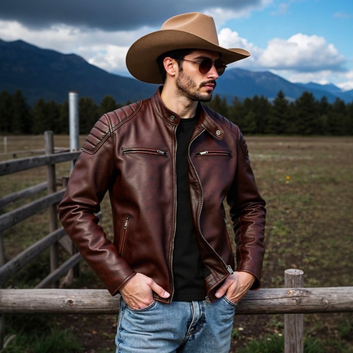 New 100% Cowhide Leather Jacket Men Top Layer Clothes Mens Stand Collar Motorcycle C