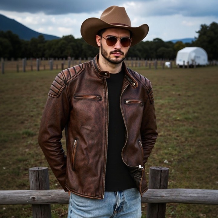 New 100% Cowhide Leather Jacket Men Top Layer Clothes Mens Stand Collar Motorcycle C