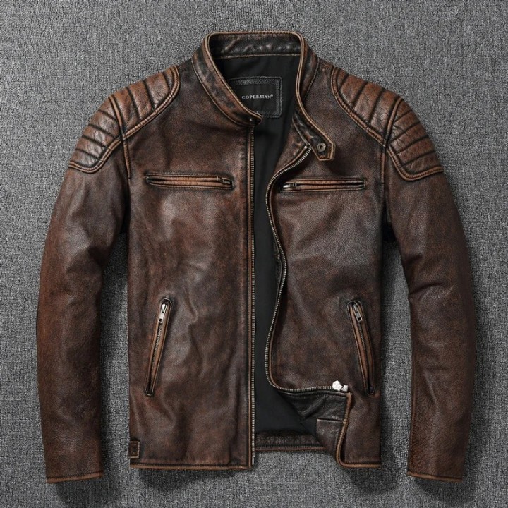 New 100% Cowhide Leather Jacket Men Top Layer Clothes Mens Stand Collar Motorcycle C