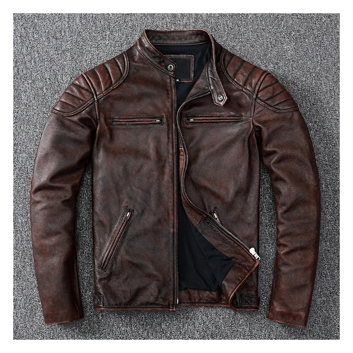 New 100% Cowhide Leather Jacket Men Top Layer Clothes Mens Stand Collar Motorcycle C
