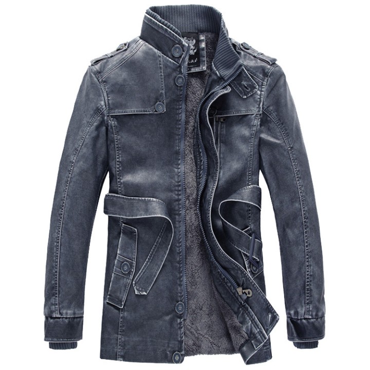 Mens Fashion Leather Long Jacket Men New Casual Vintage Blazer Winter Thick Motorcyc