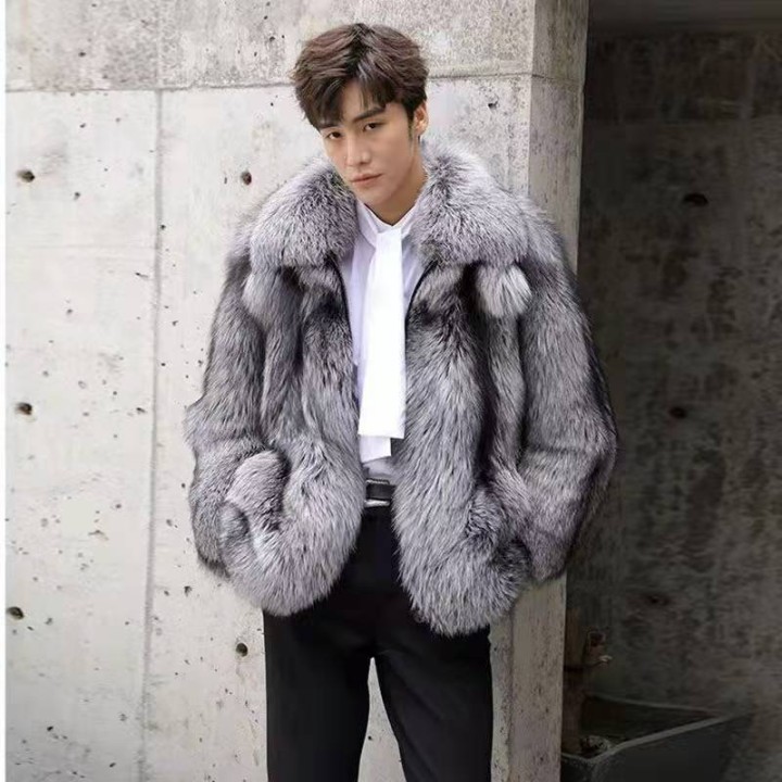Luxury Brand Mens Autumn Winter Fluffy New Business Casual Silver Fox Fur Jacket Fau