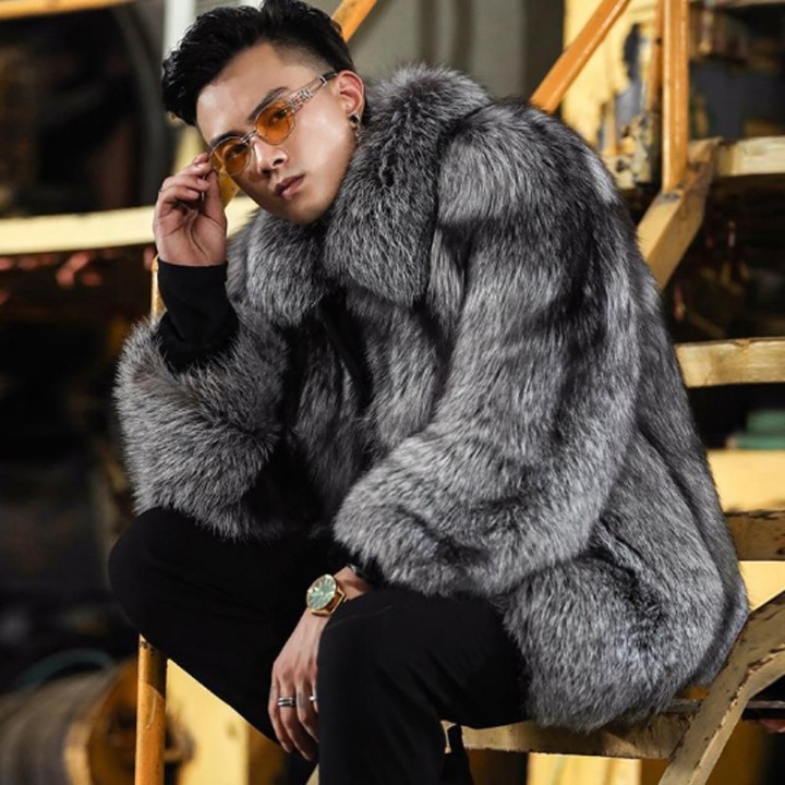 Luxury Brand Mens Autumn Winter Fluffy New Business Casual Silver Fox Fur Jacket Fau