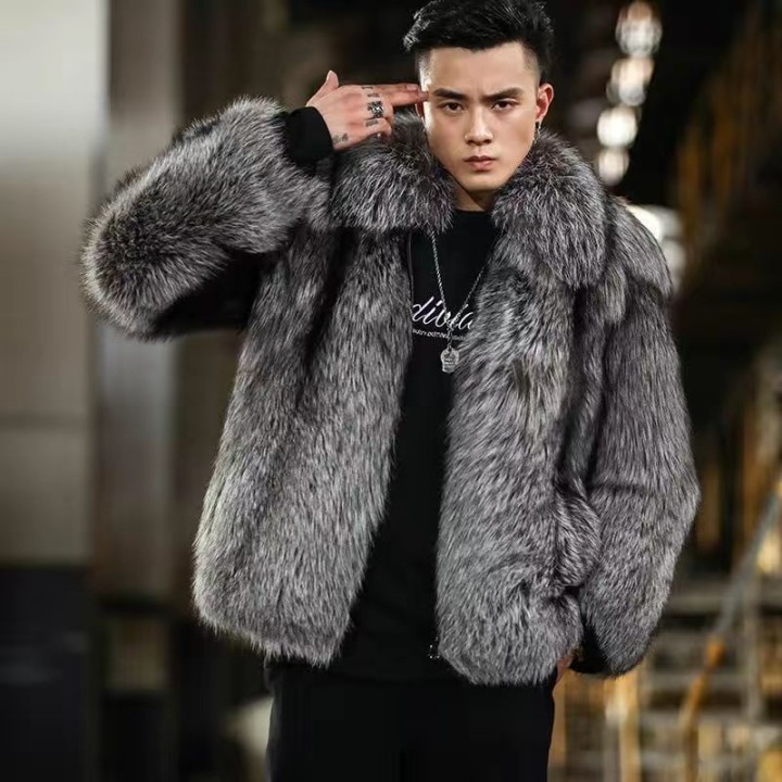 Luxury Brand Mens Autumn Winter Fluffy New Business Casual Silver Fox Fur Jacket Fau