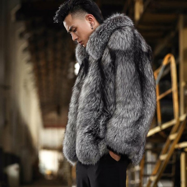 Luxury Brand Mens Autumn Winter Fluffy New Business Casual Silver Fox Fur Jacket Fau