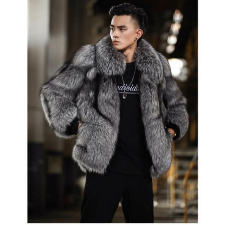 Luxury Brand Mens Autumn Winter Fluffy New Business Casual Silver Fox Fur Jacket Fau