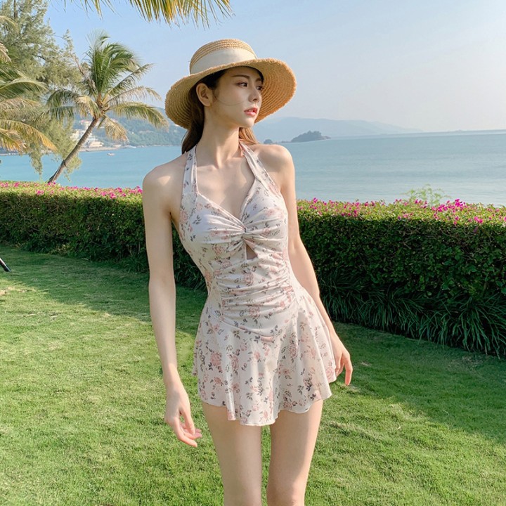 Women One Piece Swimsuit Conservative Skirted Push Up Floral Solid For Summer Beach V