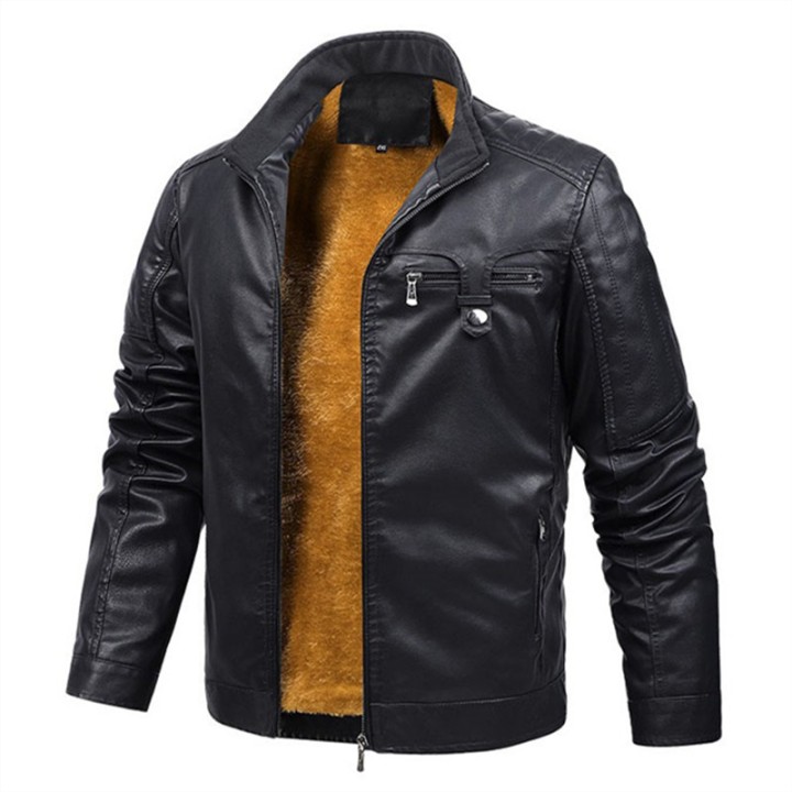 Winter Mens Retro Leather Jackets Warm Fleece Motorcycle Coat Fashion Windproof Moto