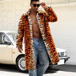 Autumn And Winter Tiger Pattern Color Imitation Fur Mens Lapel Jacket Thermal Coat M